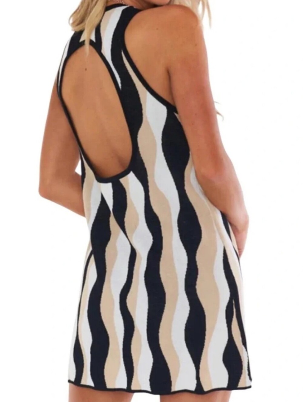 Show Me Your MuMu Wave Stripe Oval-Back Mini Dress in Black, White & Beige - Picture 9 of 9